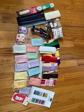 Mixed Sewing Notions Craft Supply Lot Zippers Elastic Trim Embroidery Floss